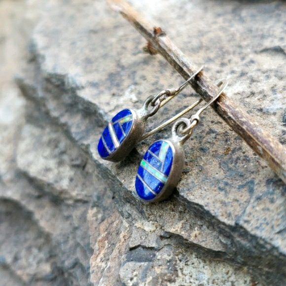 Vtg Genuine Lapis Opal Mosaic Silver Drop Earrings - Picture 15 of 16